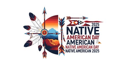 Native American Day Badge Illustration with Feathers Arrows and Sunset Colors for Cultural Celebrations