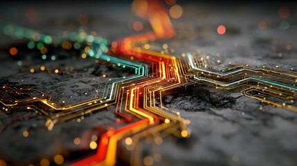 olorful chip glows with circuit paths branching into vibrant networks across a 3D board, symbolizing innovation and processing power.
