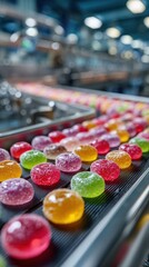 Colorful gummy candies moving along a conveyor belt in a candy production facility located in a bustling factory environment