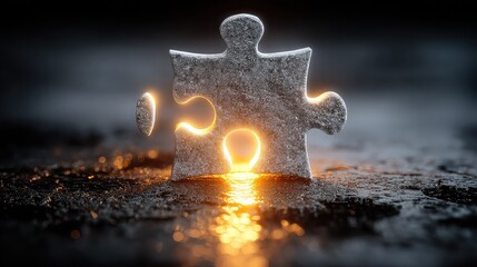 One glowing puzzle piece snapping into bright empty slot, symbolizing breakthrough in understanding or solution clarity.