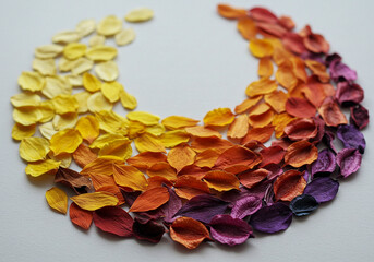 A circular arrangement of dried leaves displaying a stunning color gradient from soft yellow to vibrant orange, red, and deep purple, forming an inviting natural mosaic