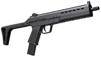 Angled Black Submachine Gun with Magazine and Detailed Design Features.