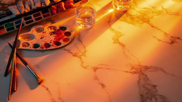 Watercolor painting supplies on a marble surface with paintbrushes palette tubes of paint and glasses of water illuminated by warm light - Powered by Adobe