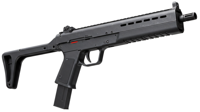 Angled Black Submachine Gun with Magazine and Detailed Design Features.