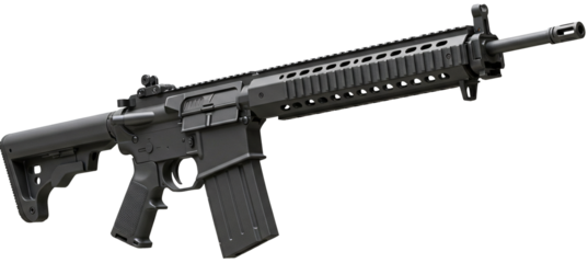 Angled View of a Matte Black Modern Assault Rifle with Magazine.