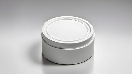 Round white container with a lid sits on a white surface with subtle shadows and a clean, minimalist look.