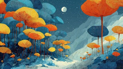 Orange fungi grow across surreal blue terrain in dreamlike stylized art, evoking discovery and fantasy.