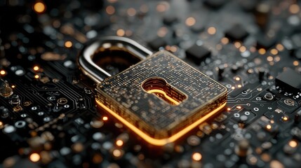 Padlock-shaped circuit board pulses with digital firewall code, symbolizing encrypted network security system, cyber architecture, and data protection technology in action