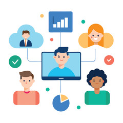 Fototapeta premium Cartoon digital team meeting concept with diverse people collaborating isolated on transparent background