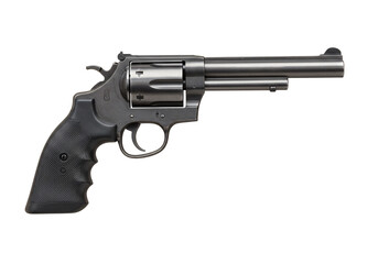 Detailed Side View of a Black Revolver with Textured Grip and Long Barrel.