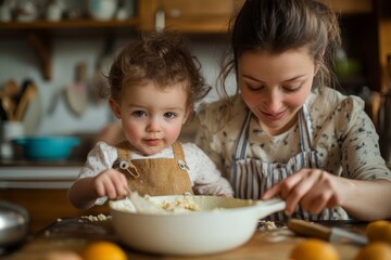 Young family with two small children indoors in the kitchen, preparing food together and teaching children about healthy meal preparation and family bonding, Generative AI