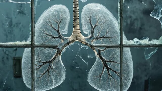 Human lungs behind broken glass window