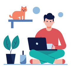 Freelancer working remotely from home sitting with laptop isolated on transparent background