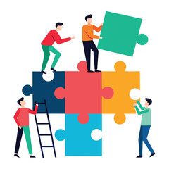 Diverse group of office workers collaborating to assemble oversized colorful puzzle pieces isolated on transparent background