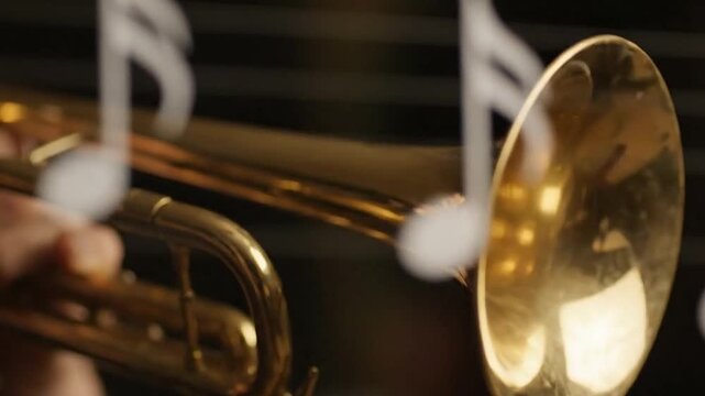 Close-up of a brass trumpet being played, with musical notes floating around it.