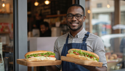 Smiling man, sandwich shop owner, offers delicious hoagies filled with fresh ingredients. Casual attire, warm hospitality. Close-up shot of chef with tasty lunch, artisan food preparation, culinary