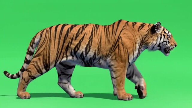 A tiger with black stripes walking across a green screen in a side view animal wildlife scene