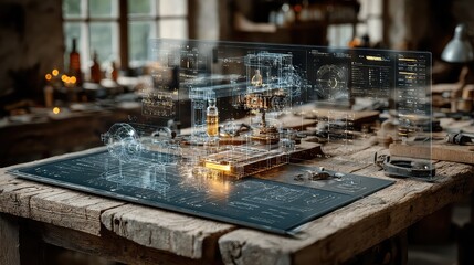 Industrial machine schematic in wireframe view rotates in augmented reality panel over workshop table