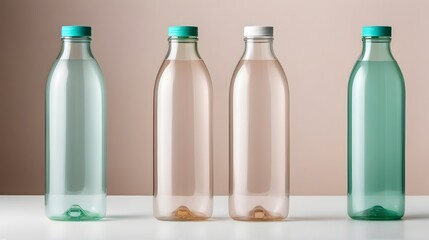Four clear plastic bottles filled with refreshing liquid stand in a row on a clean white surface today.
