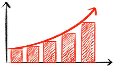 Rising statistic graph with upward arrow on transparent background. Hand drawn growing bar chart. For increasing business, sales, production, or profit illustration element.