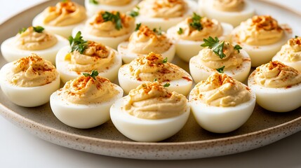 Platter of Classic Deviled Eggs Garnished with Paprika and Parsley