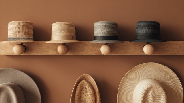 Wall hooks with stylish hats and hanging decorative items used as functional accessories - Powered by Adobe