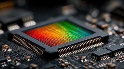 intricate chip sits at the core of a complex motherboard as colors radiate from its surface, representing next-gen semiconductor design.