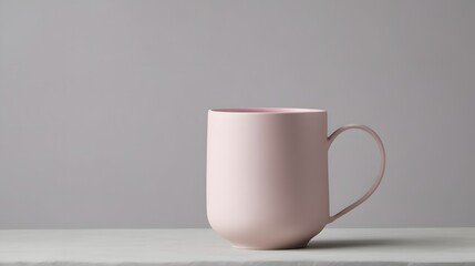 A pastel pink ceramic mug sits gracefully on a white marble surface against a solid neutral gray background.