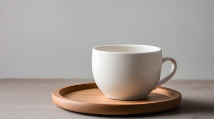 A simple white ceramic coffee mug rests upon a round wooden saucer with a clean neutral background shade.