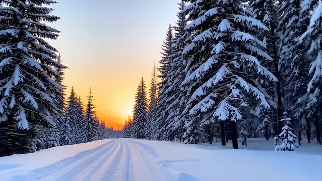 Winter Sunrise Path Through Snowy Forest
