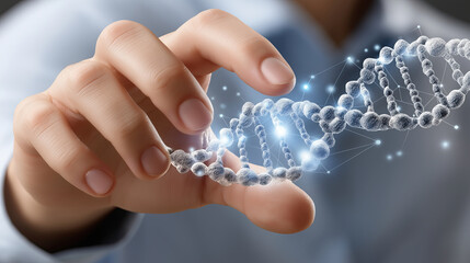 Person holding 3D representation of DNA double helix, showcasing intricate details and glowing elements, symbolizes genetic research