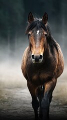 Fototapeta premium Wild horse walking through misty forest at dawn showcasing its majestic beauty and grace