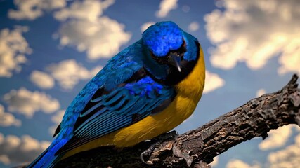 Blue and yellow bird with alert eyes on textured branch evokes curiosity, joy, unique personality, colorful freedom, vivid mood, fascination with nature, individuality