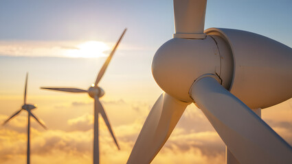 White wind turbines generate clean, renewable energy under a blue sky in a green field windfarm