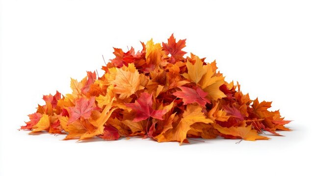 Pile of vibrant autumn leaves on white background. Neural network AI generated