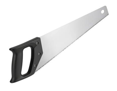 Metal hacksaw with sharp blade and black handle for cutting tasks isolated on white background