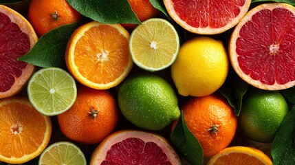 Assortment of fresh citrus fruits including grapefruits, oranges, lemons, and limes, top view
