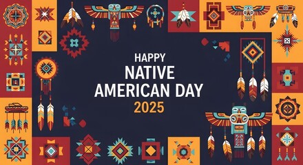 Native American Day Celebration Illustration with Colorful Dreamcatchers and Geometric Patterns