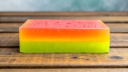 Colorful layered handmade soap with red, orange, yellow, and green stripes


