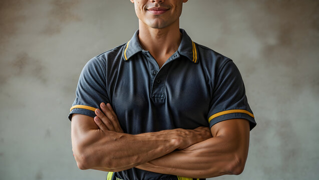 A confident man in a polo shirt stands with arms crossed, radiating modern style against a textured gray backdrop.  Looking at cam