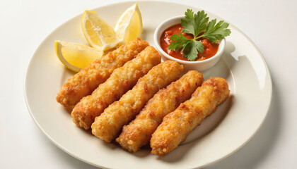 Golden brown crispy fried fish sticks served with spicy red sauce, lemon wedges, and fresh parsley garnish. This delicious seafood dish, breaded for extra crunch, makes perfect appetizer or main meal.