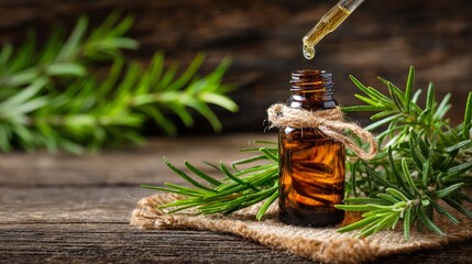 Close-up of essential oil bottle with rosemary and pipette on wood
