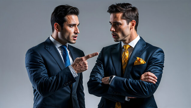 Two identical twin businessmen in suits are having a serious argument, pointing fingers at each other in a studio setting.