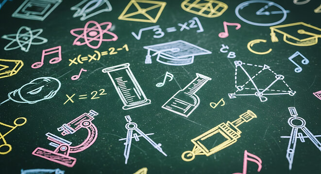Chalkboard with science and math symbols including microscope and music notes in vibrant colors ai genrated - Powered by Adobe