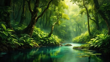 Obraz premium Green jungle river with vibrant foliage, sunlight filtering through trees. Serene water reflects dense rainforest canopy, creating peaceful, natural landscape. Exotic destination for adventure,