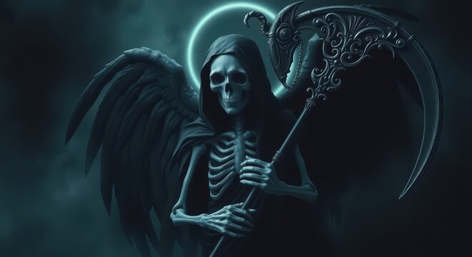 Grim reaper skeleton wings scythe death angel dark fantasy halloween illustration art