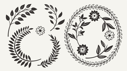Black and white botanical leaf and floral wreath vector silhouettes. Elegant decorative nature-inspired design elements for vintage frames, borders, and organic laurels.