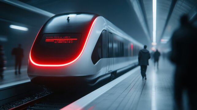 Futuristic train in modern subway tunnel with neon lights and people