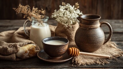 Cozy setup featuring milk and honey on a rustic wooden table