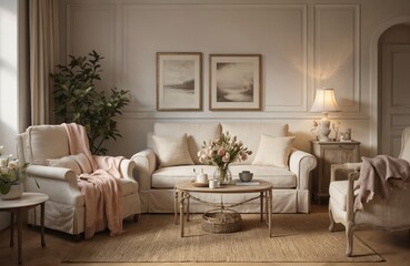 French country living room interior featuring plush sofas, armchairs in soft neutral tones. Round coffee table with floral arrangements sits on woven rug, complemented by ornate floor lamps,